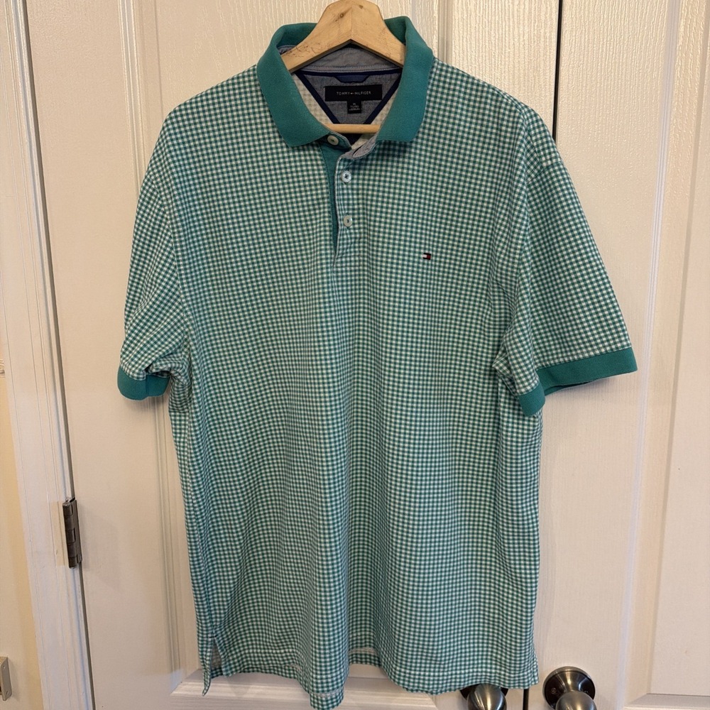 Tommy Hilfiger Men's Short Sleeve Polo Shirt Sz XL Gingham Check  Green & White